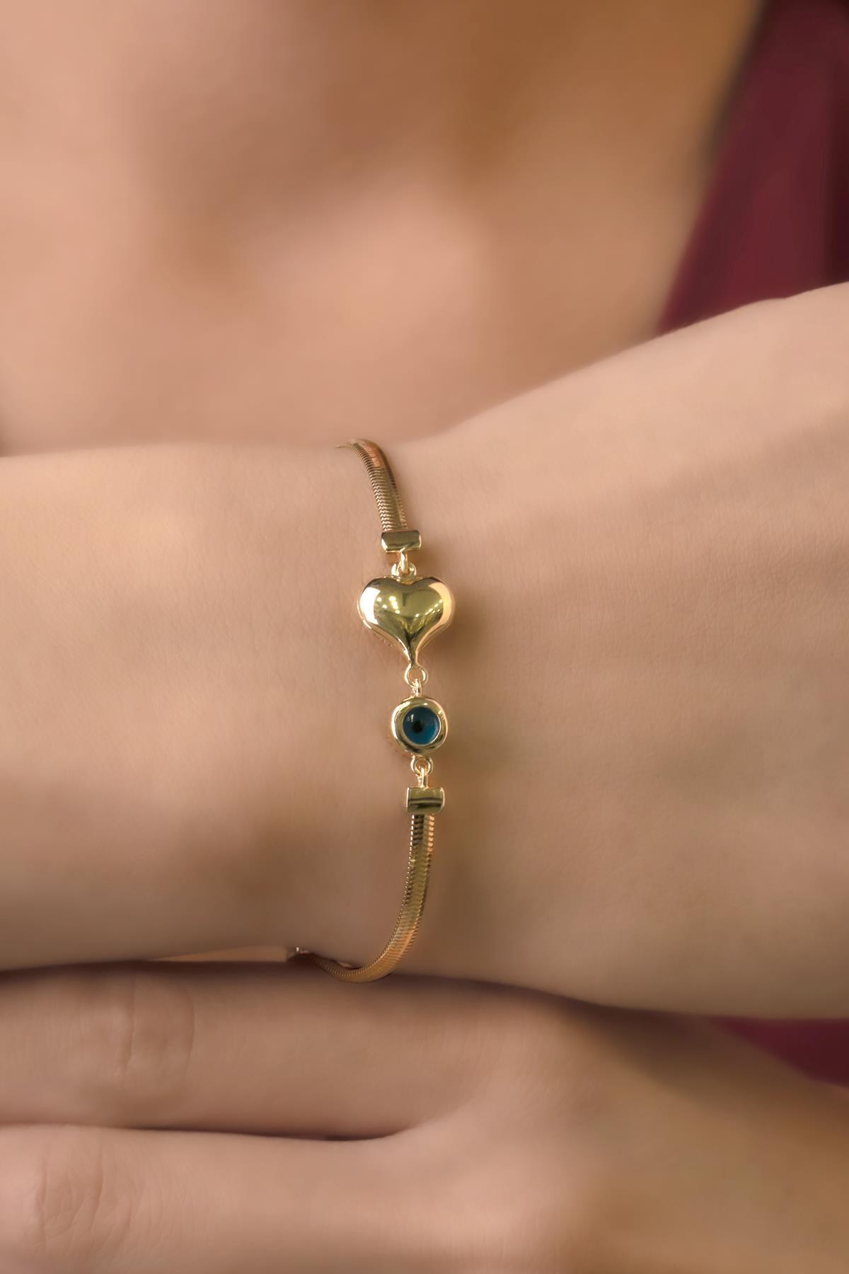 14 Ayar Altın Kalp ve Göz Detaylı İtalyan Balıksırtı Bileklik - Fiyonk Kuyumculuk