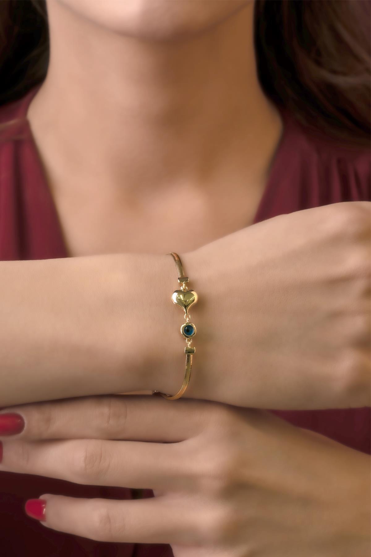 14 Ayar Altın Kalp ve Göz Detaylı İtalyan Balıksırtı Bileklik - Fiyonk Kuyumculuk (1)