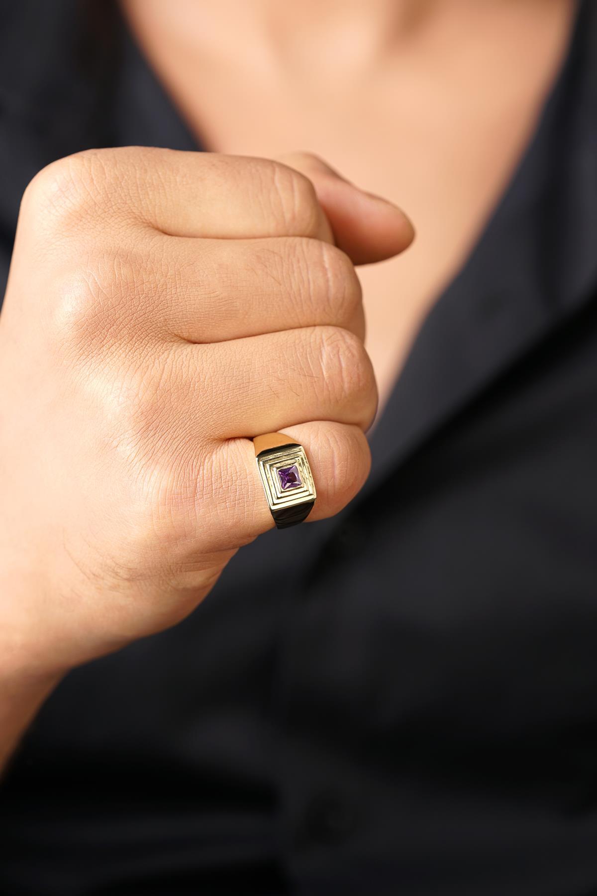 14 Ayar Altın Kare Şeritli Ametist Taş Erkek Yüzük - Fiyonk Kuyumculuk (1)