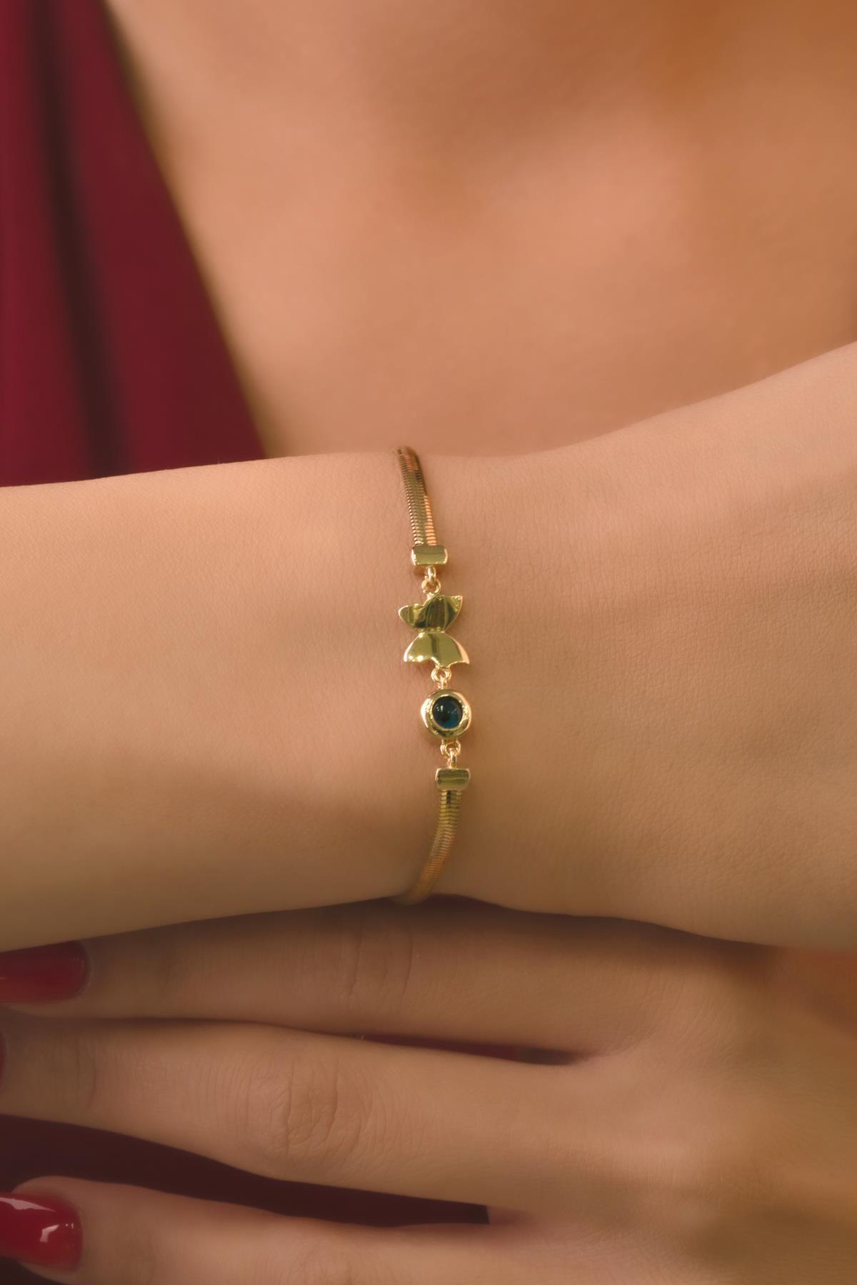 14 Ayar Altın Kelebek Ve Göz Detaylı İtalyan Balıksırtı Bileklik - Fiyonk Kuyumculuk