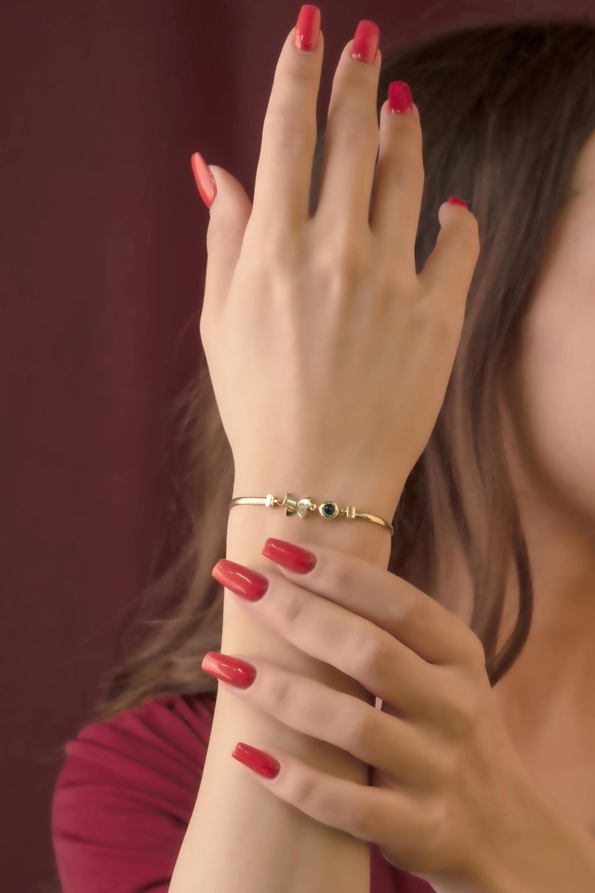 14 Ayar Altın Kelebek Ve Göz Detaylı İtalyan Balıksırtı Bileklik - Fiyonk Kuyumculuk (1)