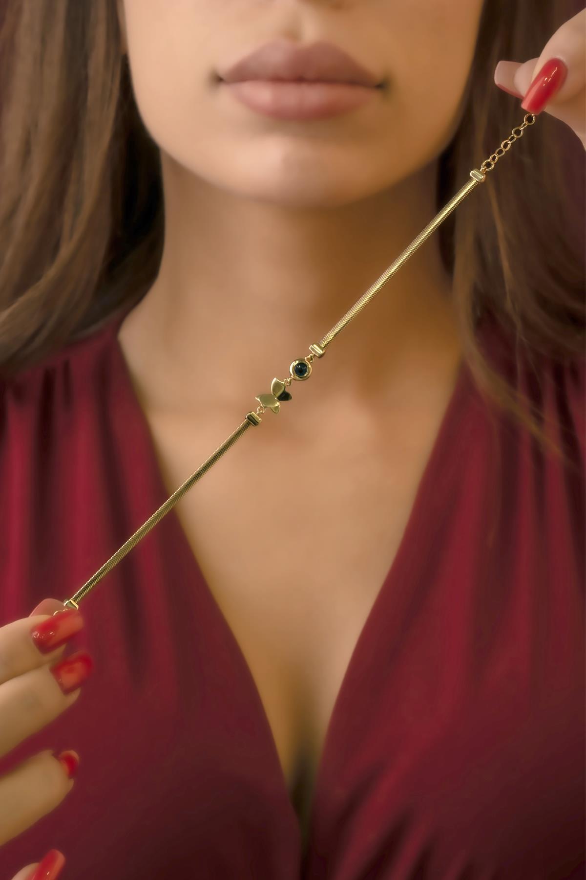 14 Ayar Altın Kelebek Ve Göz Detaylı İtalyan Balıksırtı Bileklik - Fiyonk Kuyumculuk (1)