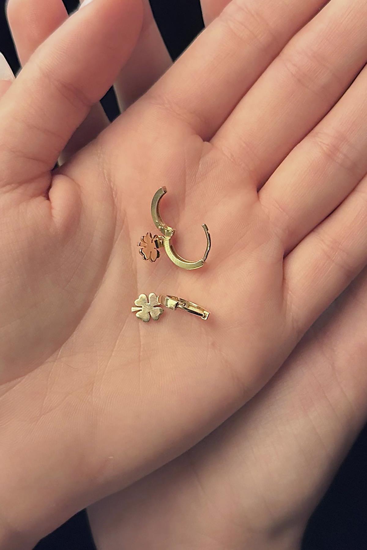 14 Ayar Altın Köşeli Yonca Sallantılı Küpe - Fiyonk Kuyumculuk (1)