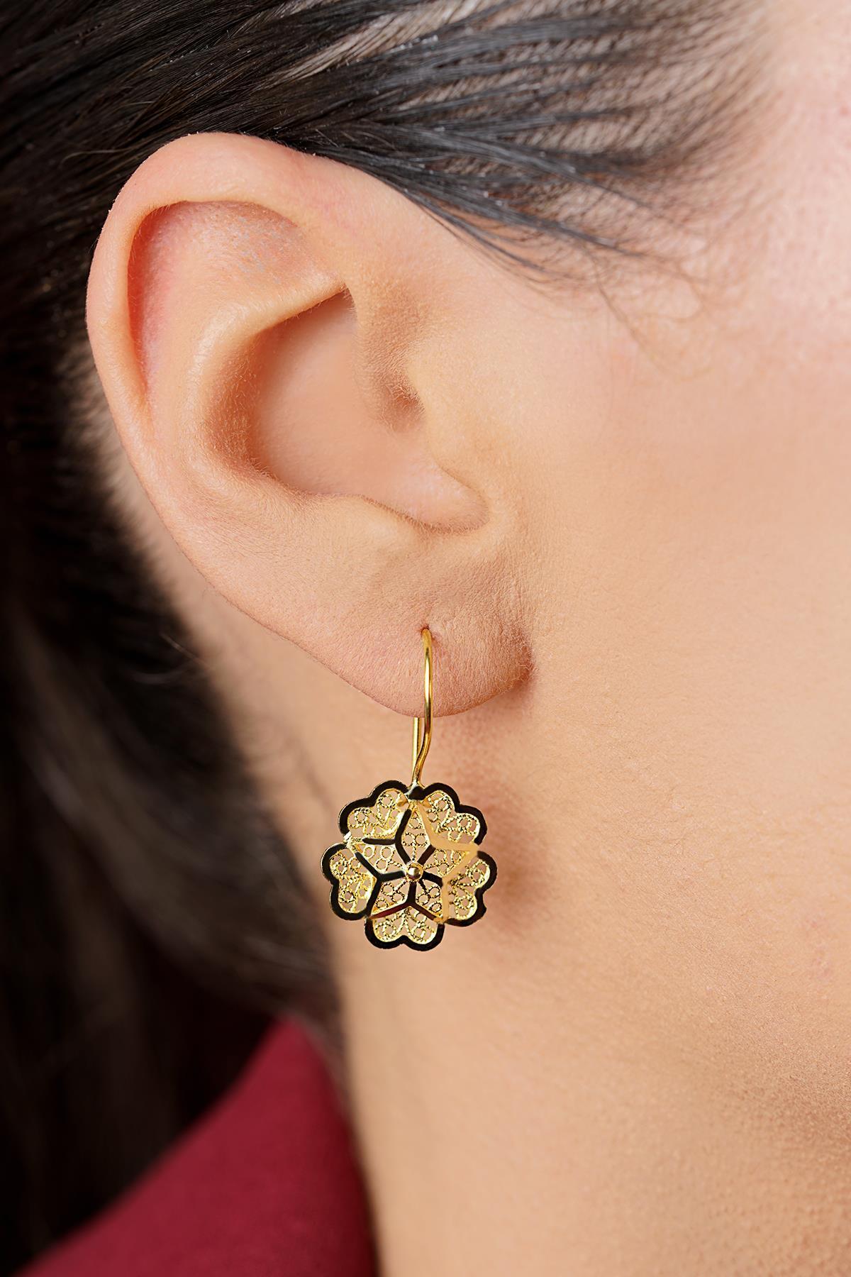 14 Ayar Altın Küçük Gül Motifli Telkari Küpe - Anne Küpesi - Fiyonk Kuyumculuk