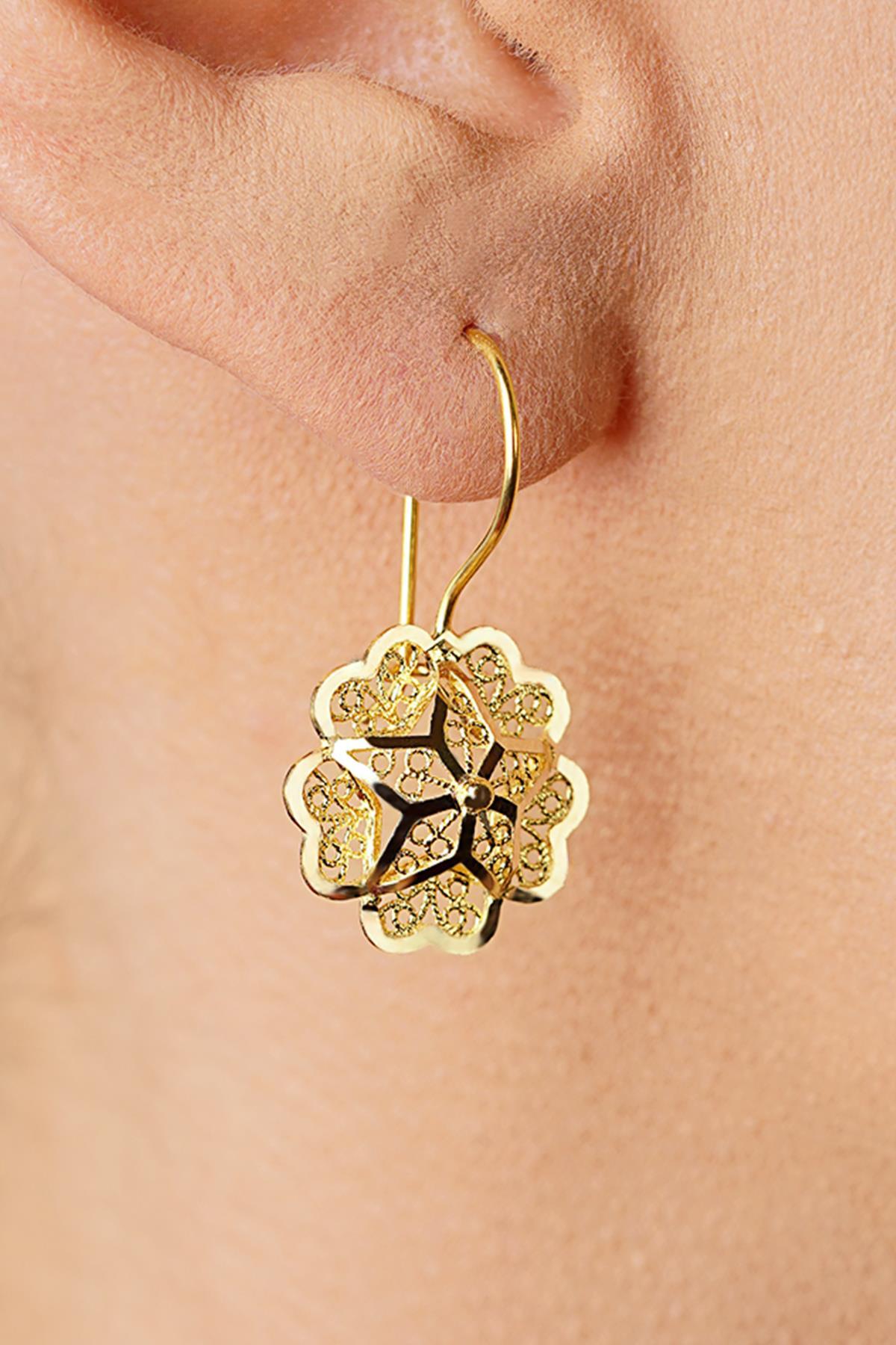 14 Ayar Altın Küçük Gül Motifli Telkari Küpe - Anne Küpesi - Fiyonk Kuyumculuk (1)