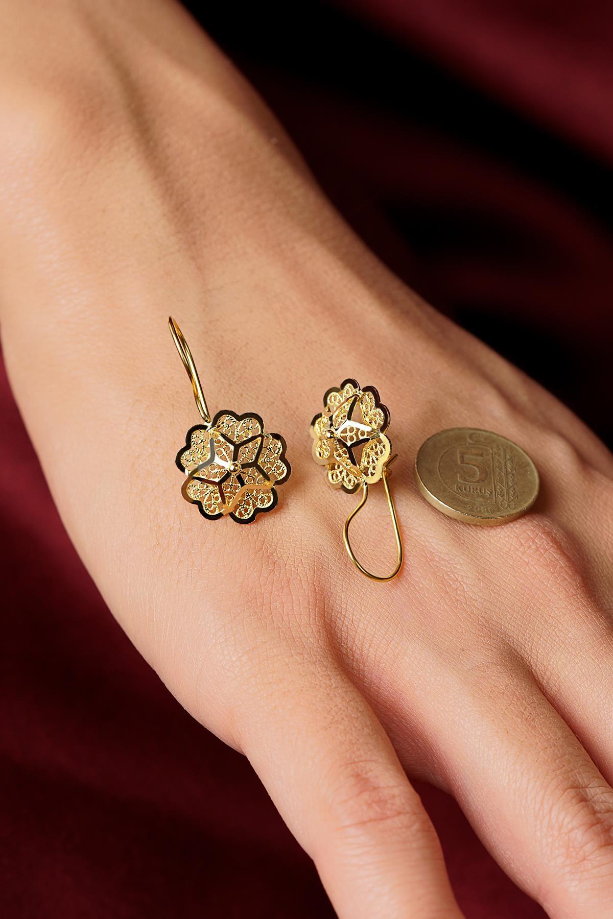 14 Ayar Altın Küçük Gül Motifli Telkari Küpe - Anne Küpesi - Fiyonk Kuyumculuk (1)