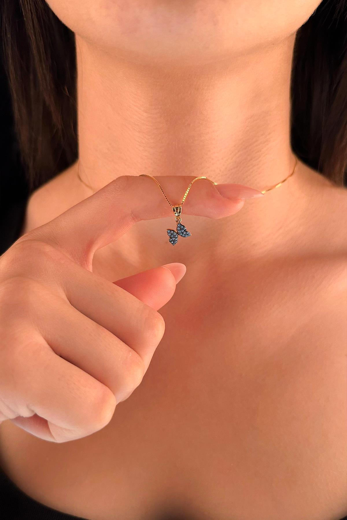 14 Ayar Altın Küp Zincir Firuze Taşlı Kelebek Kolye - Fiyonk Kuyumculuk (1)