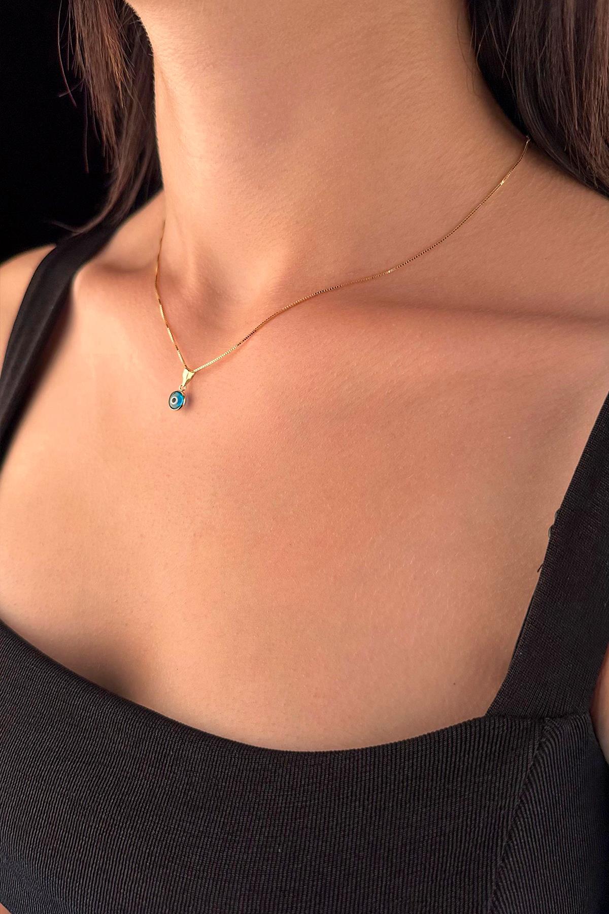 14 Ayar Altın Küp Zincir Mavi Gözlü Nazar Kolye - Fiyonk Kuyumculuk