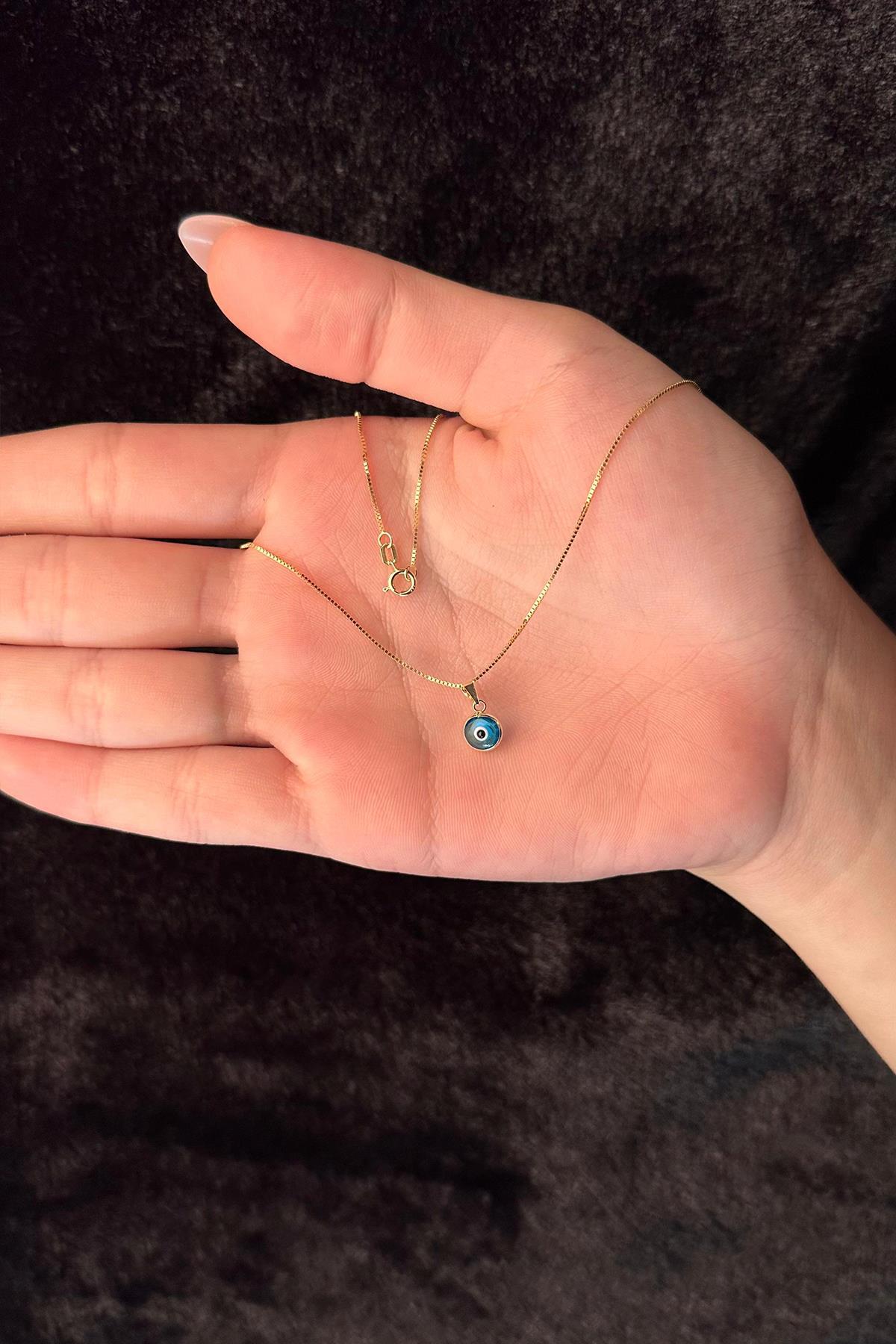 14 Ayar Altın Küp Zincir Mavi Gözlü Nazar Kolye - Fiyonk Kuyumculuk (1)