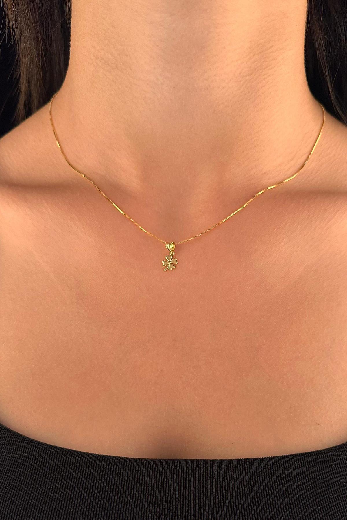 14 Ayar Altın Küp Zincir Yonca Uçlu Kolye - Fiyonk Kuyumculuk (1)