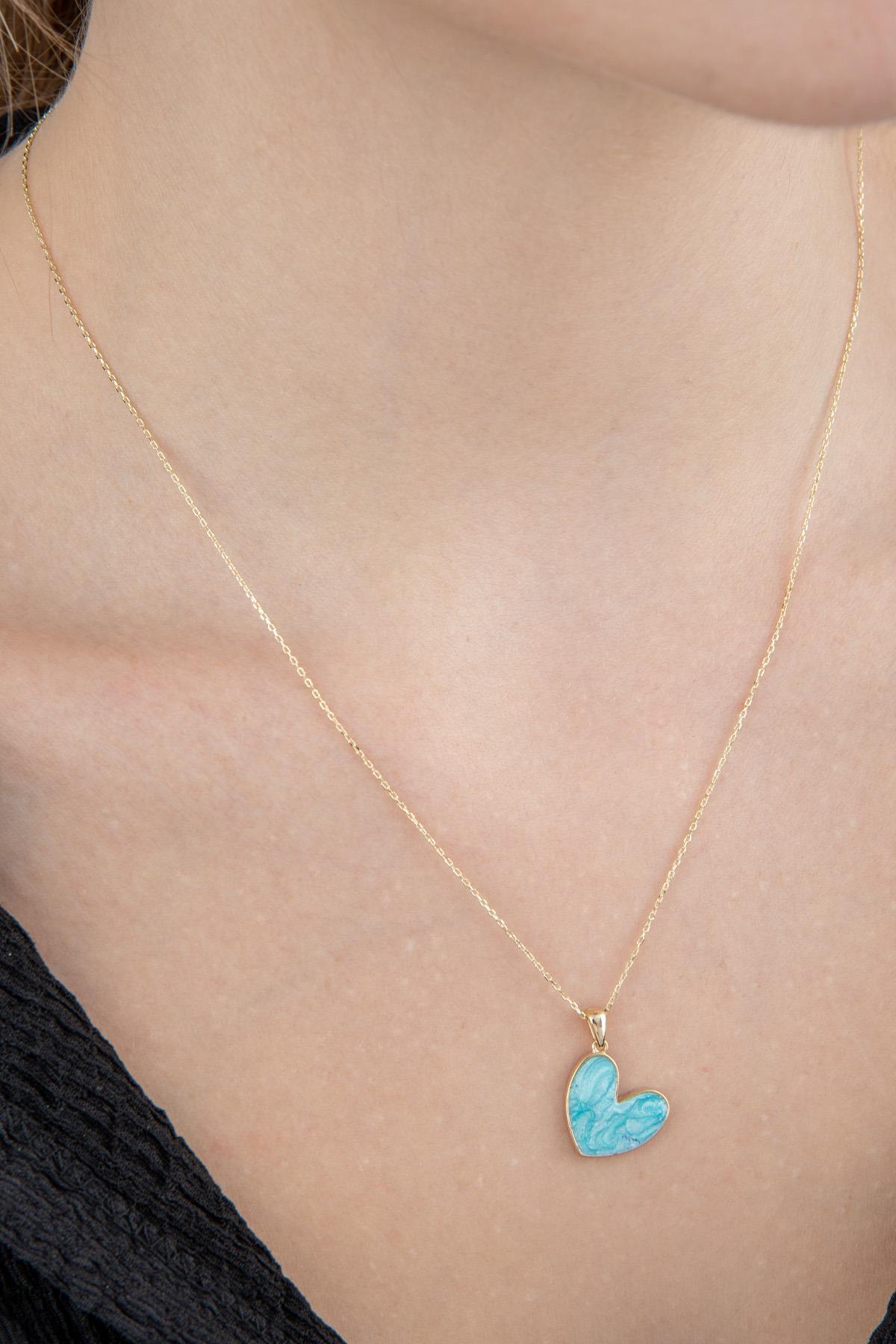 14 Ayar Altın Mavi Mineli Kalp Kolye - Fiyonk Kuyumculuk