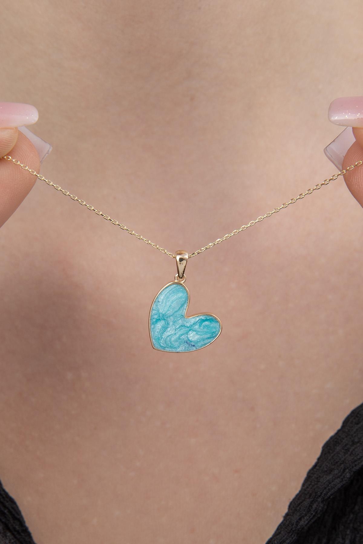 14 Ayar Altın Mavi Mineli Kalp Kolye - Fiyonk Kuyumculuk (1)