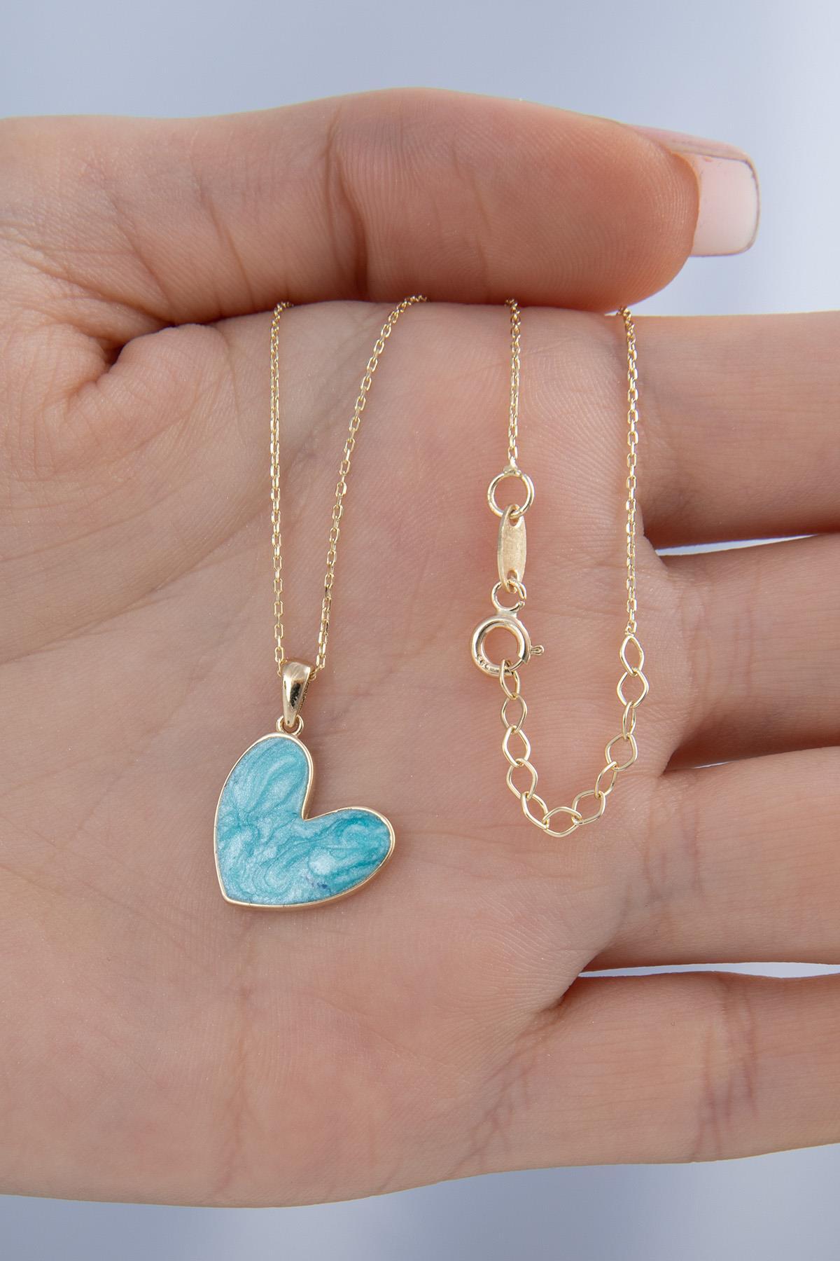 14 Ayar Altın Mavi Mineli Kalp Kolye - Fiyonk Kuyumculuk (1)