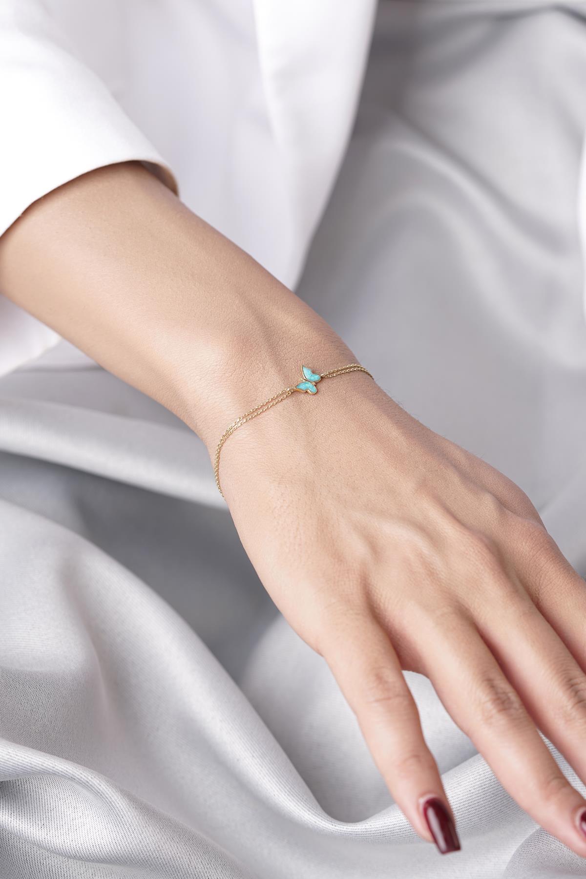 14 Ayar Altın Mavi Mineli Kelebek Bileklik - Fiyonk Kuyumculuk