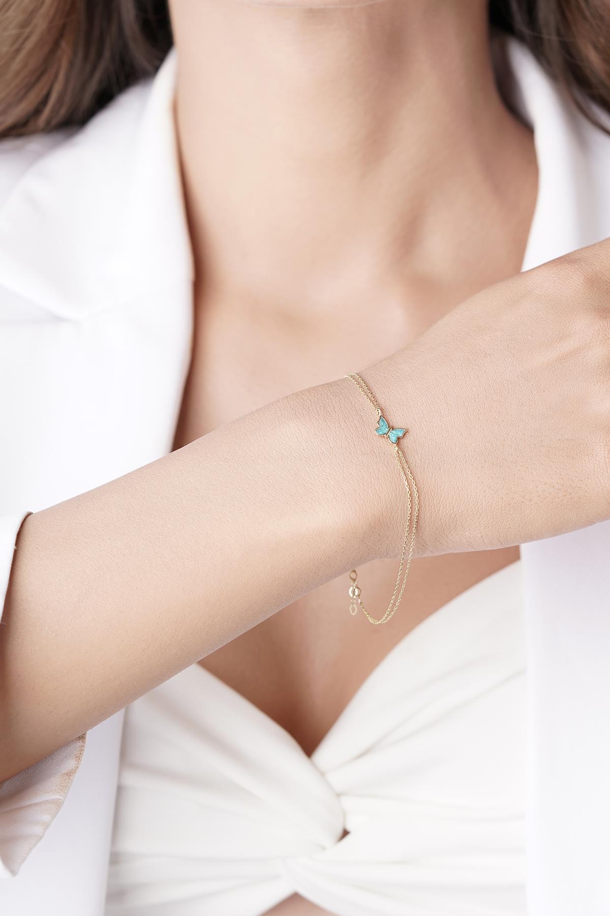 14 Ayar Altın Mavi Mineli Kelebek Bileklik - Fiyonk Kuyumculuk (1)