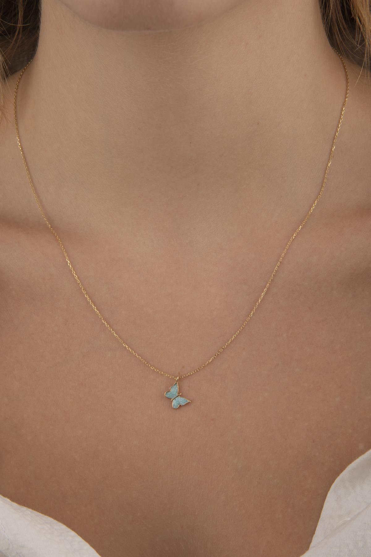 14 Ayar Altın Mavi Mineli Kelebek Kolye - Fiyonk Kuyumculuk (1)