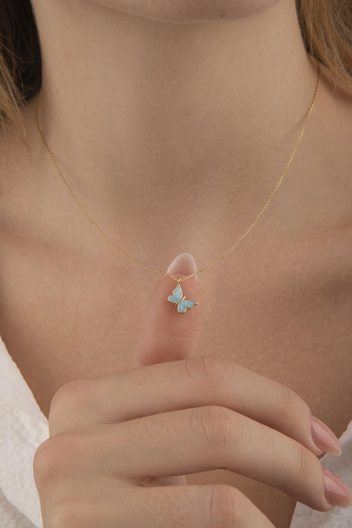 14 Ayar Altın Mavi Mineli Kelebek Kolye - Fiyonk Kuyumculuk (1)