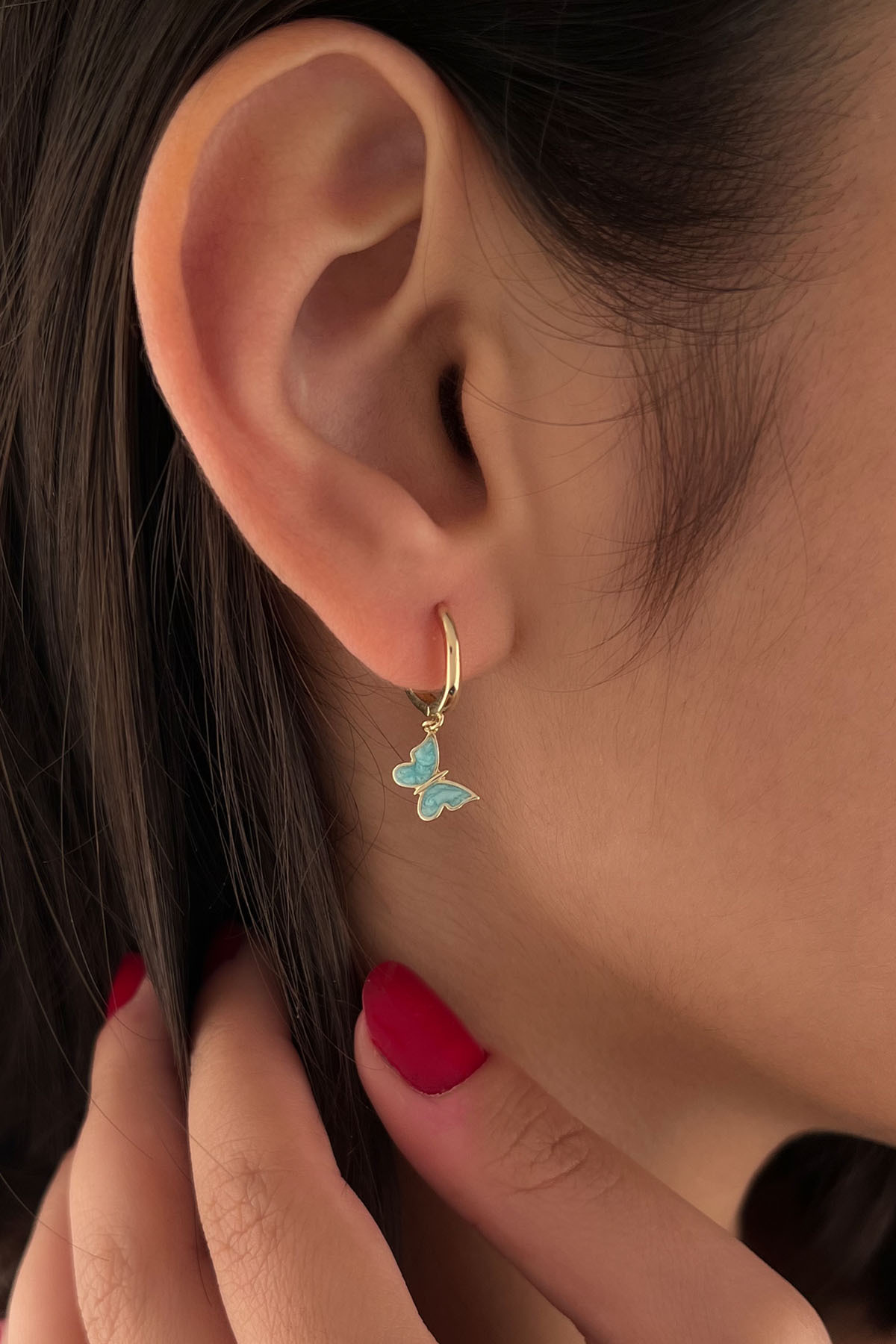 14 Ayar Altın Mavi Mineli Kelebek Sallantılı Küpe - Fiyonk Kuyumculuk (1)