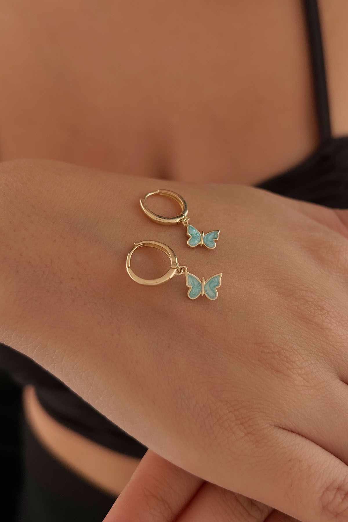 14 Ayar Altın Mavi Mineli Kelebek Sallantılı Küpe - Fiyonk Kuyumculuk (1)