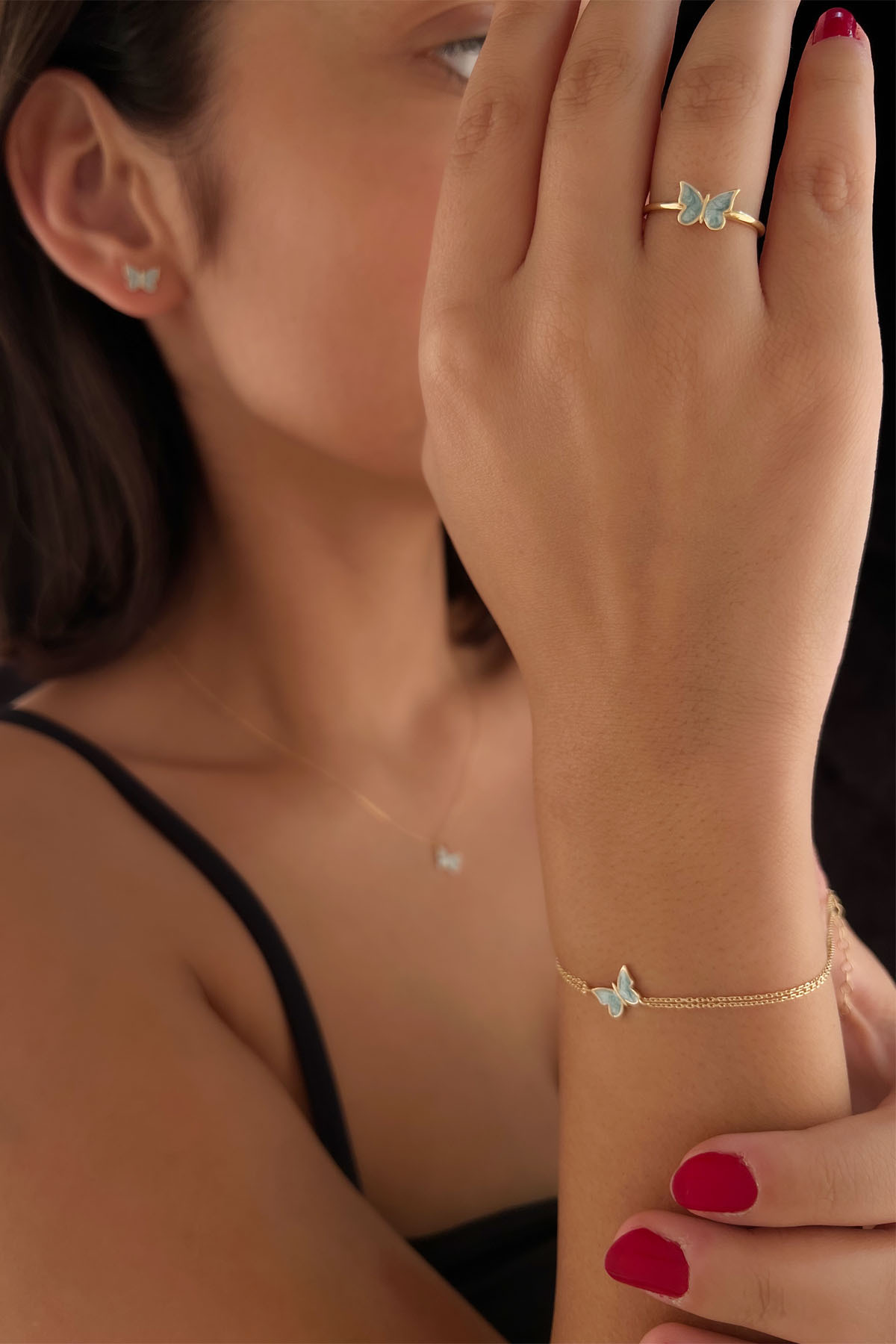 14 Ayar Altın Mavi Mineli Kelebek Set - Fiyonk Kuyumculuk