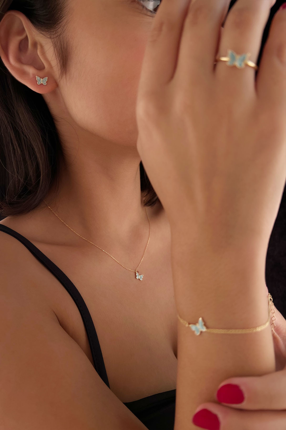 14 Ayar Altın Mavi Mineli Kelebek Set - Fiyonk Kuyumculuk (1)