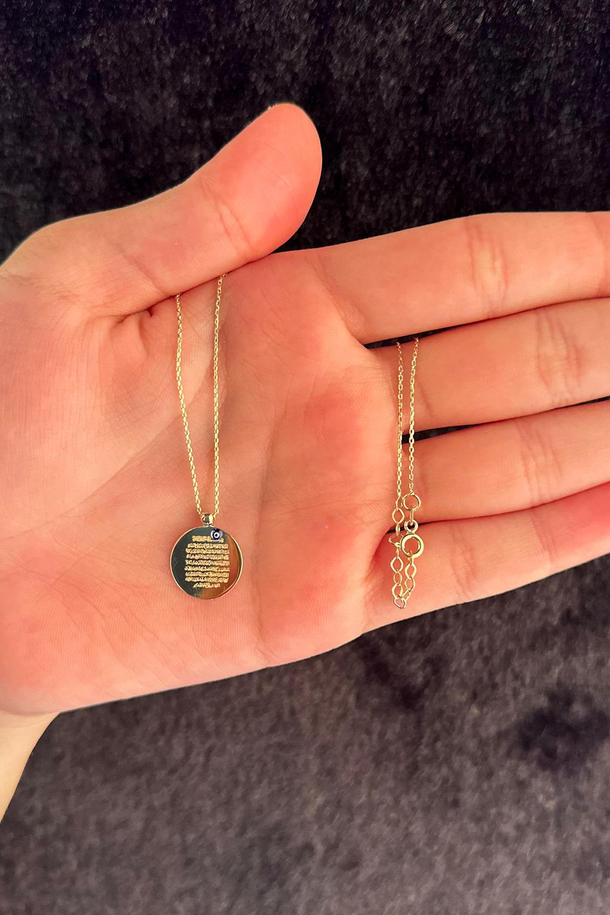 14 Ayar Altın Nazarlık Kolye Ayetel Kürsi Yazılı Kolye 15 mm - Fiyonk Kuyumculuk (1)