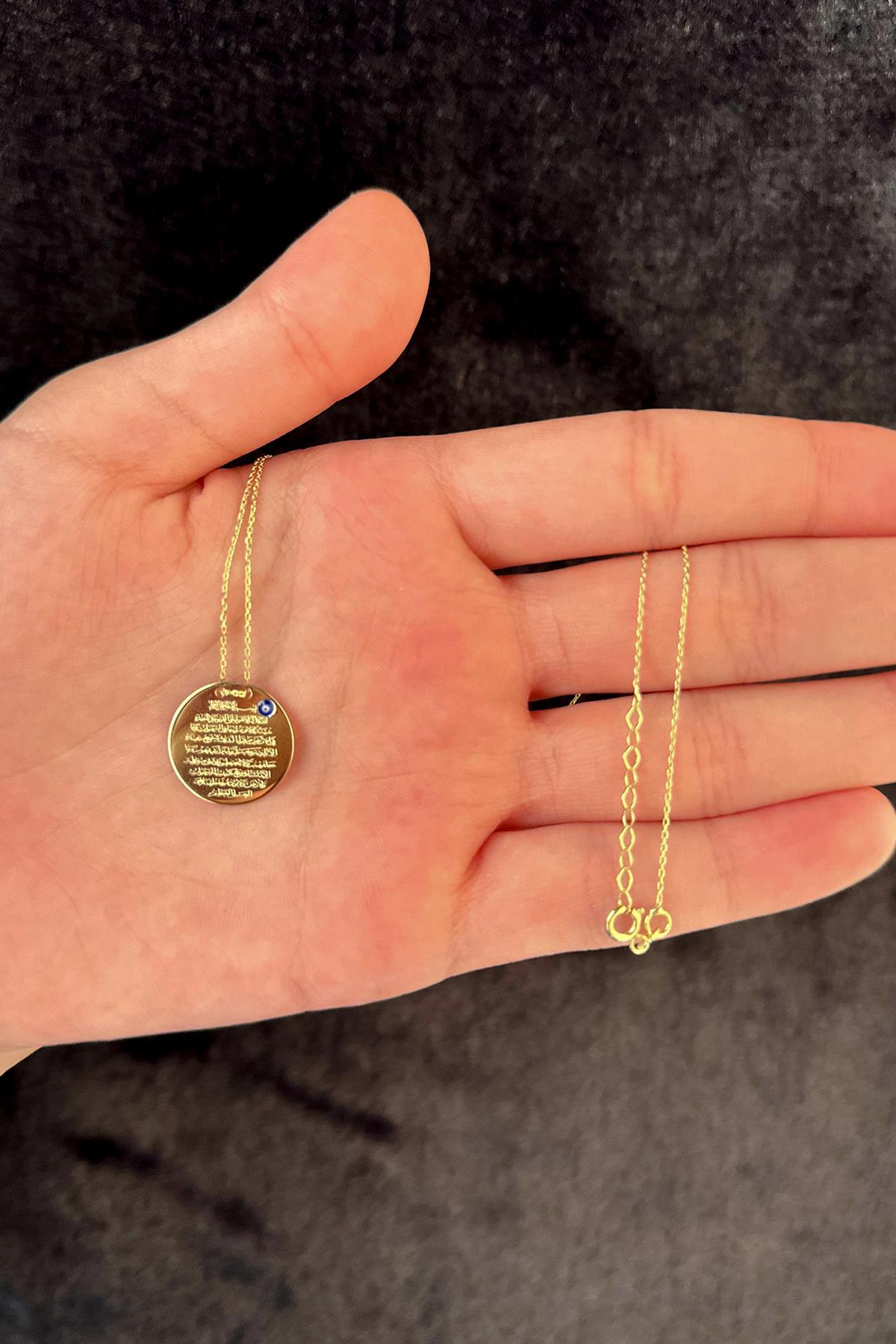 14 Ayar Altın Nazarlık Kolye Ayetel Kürsi Yazılı Kolye 18 mm - Fiyonk Kuyumculuk (1)