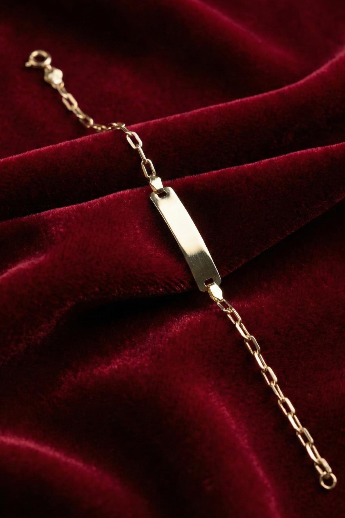 14 Ayar Altın Oval Ataç Zincirli Dikdörtgen Plaka Bebek Çocuk Künyesi - Fiyonk Kuyumculuk (1)