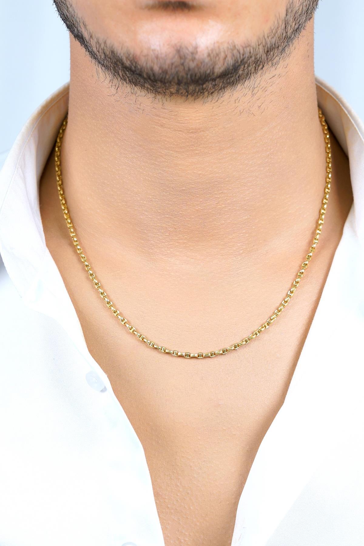 14 Ayar Altın Oval Barlı Zincir Erkek Kolye - Fiyonk Kuyumculuk