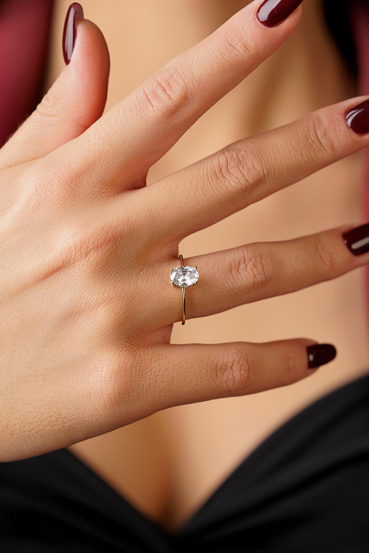 14 Ayar Altın Oval Tek Taş Yüzük - Fiyonk Kuyumculuk