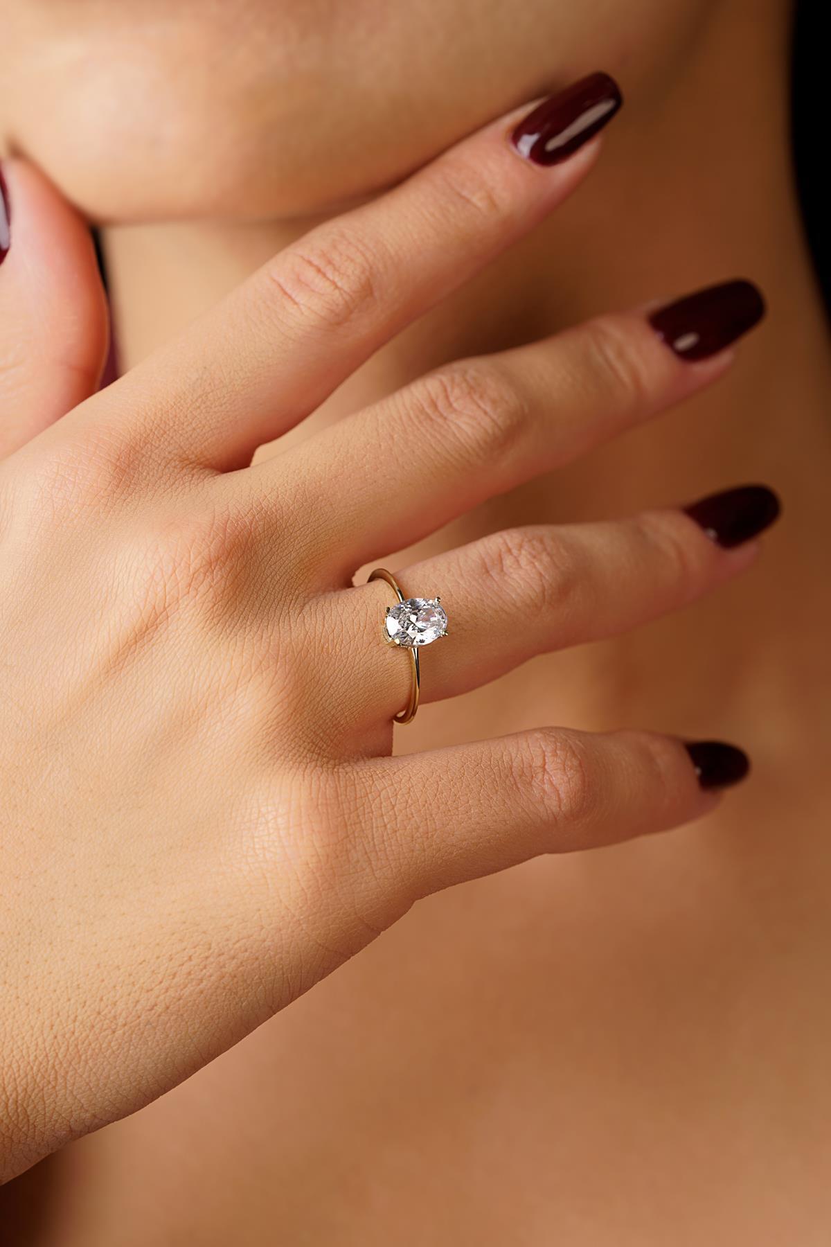 14 Ayar Altın Oval Tek Taş Yüzük - Fiyonk Kuyumculuk (1)