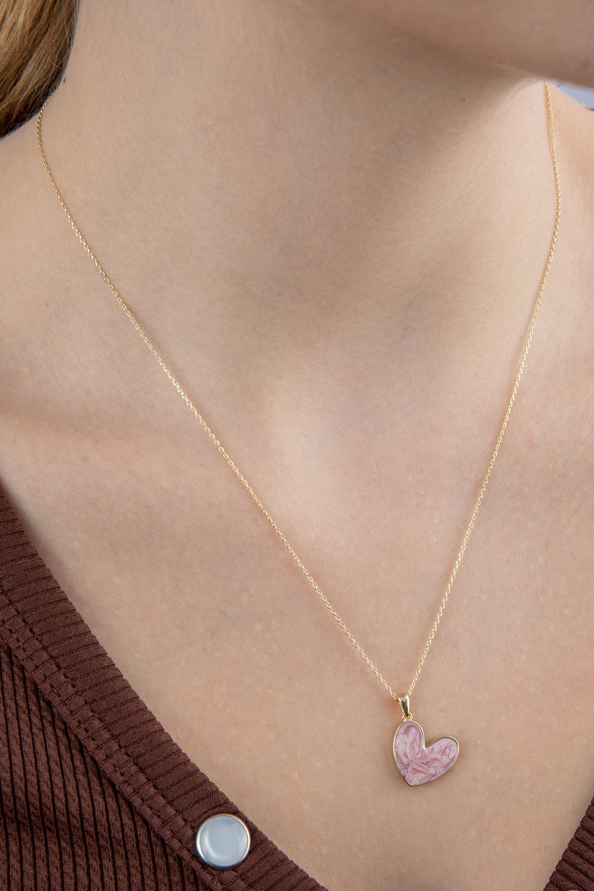 14 Ayar Altın Pembe Mineli Kalp Kolye - Fiyonk Kuyumculuk