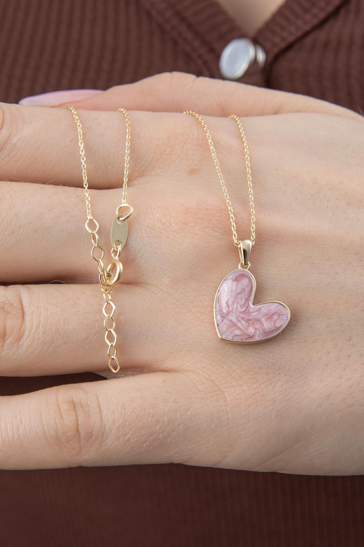 14 Ayar Altın Pembe Mineli Kalp Kolye - Fiyonk Kuyumculuk (1)