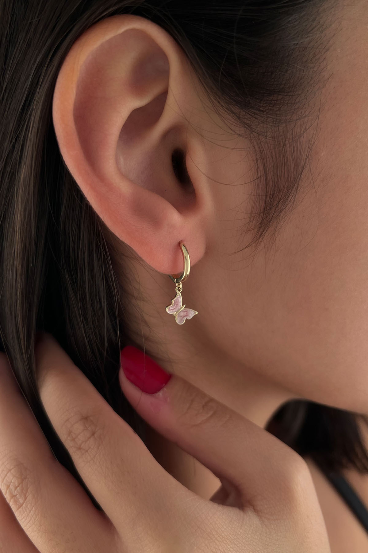 14 Ayar Altın Pembe Mineli Kelebek Halka Küpe - Fiyonk Kuyumculuk