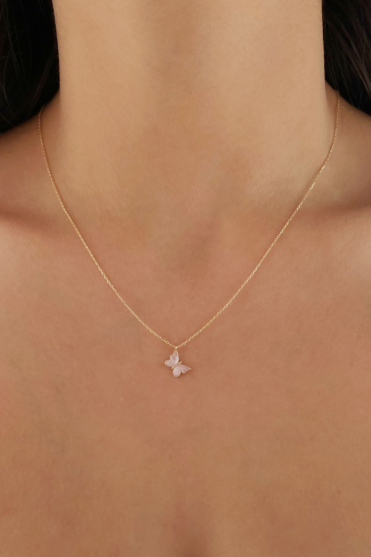 14 Ayar Altın Pembe Mineli Kelebek Kolye - Fiyonk Kuyumculuk (1)