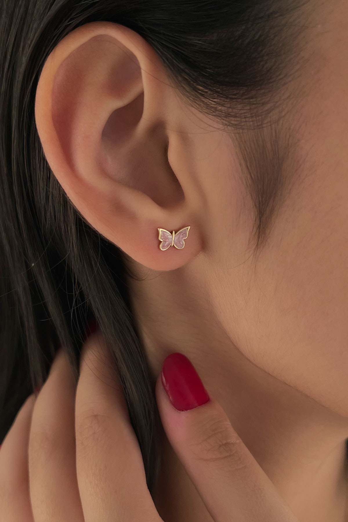 14 Ayar Altın Pembe Mineli Kelebek Küpe - Fiyonk Kuyumculuk (1)