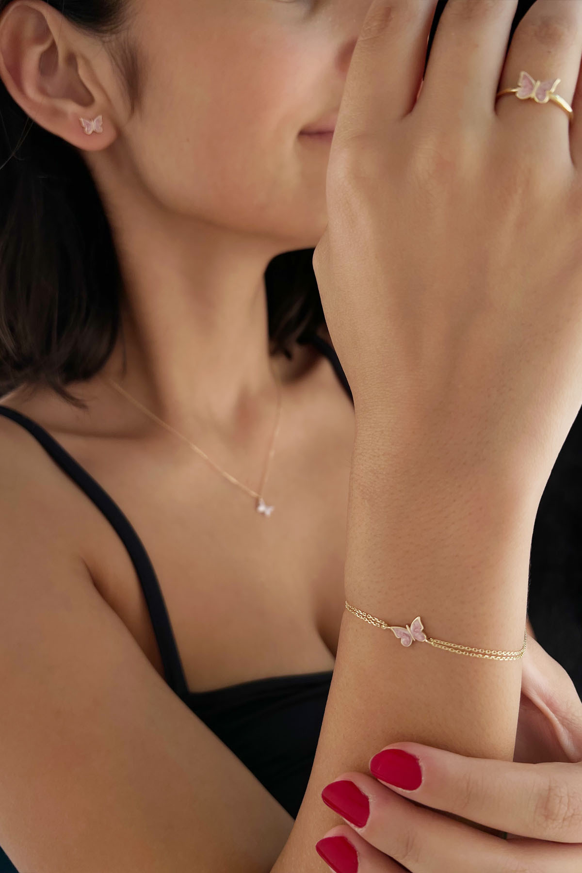 14 Ayar Altın Pembe Mineli Kelebek Set - Fiyonk Kuyumculuk