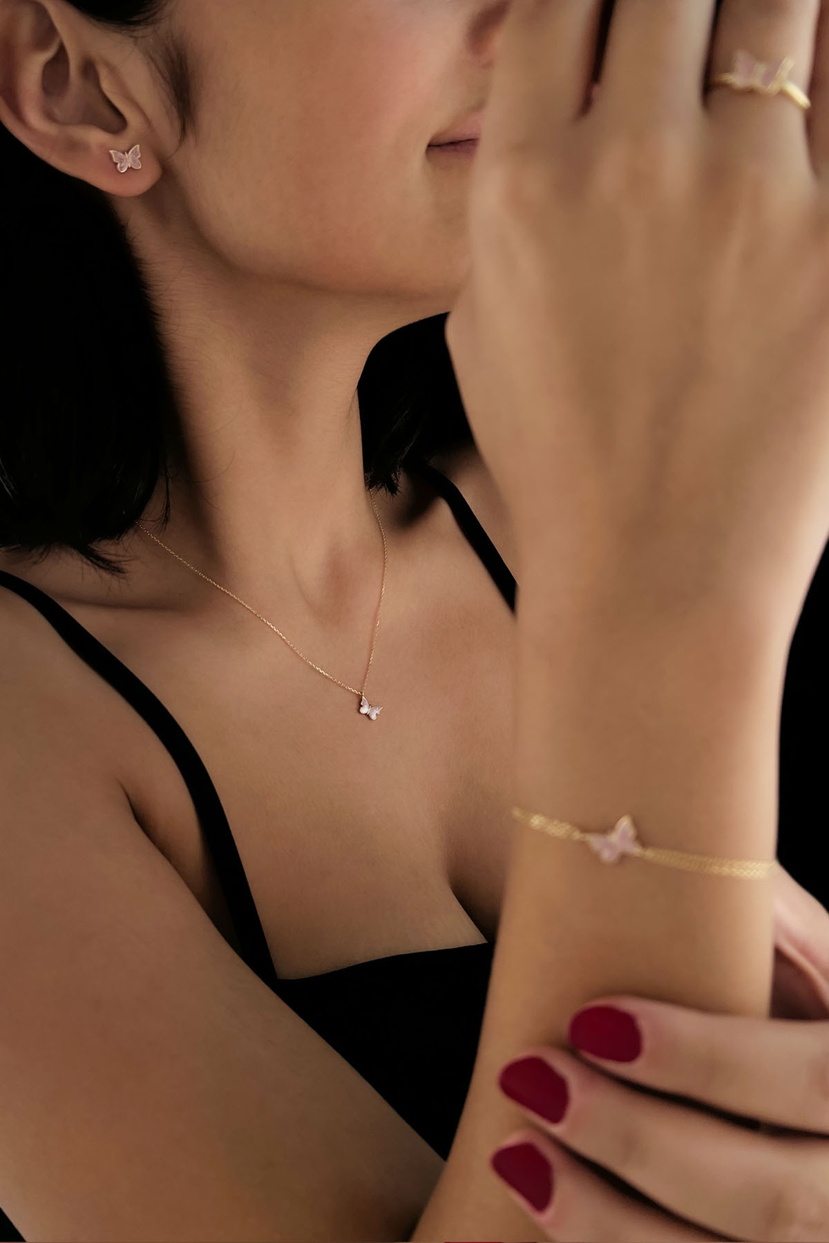 14 Ayar Altın Pembe Mineli Kelebek Set - Fiyonk Kuyumculuk (1)