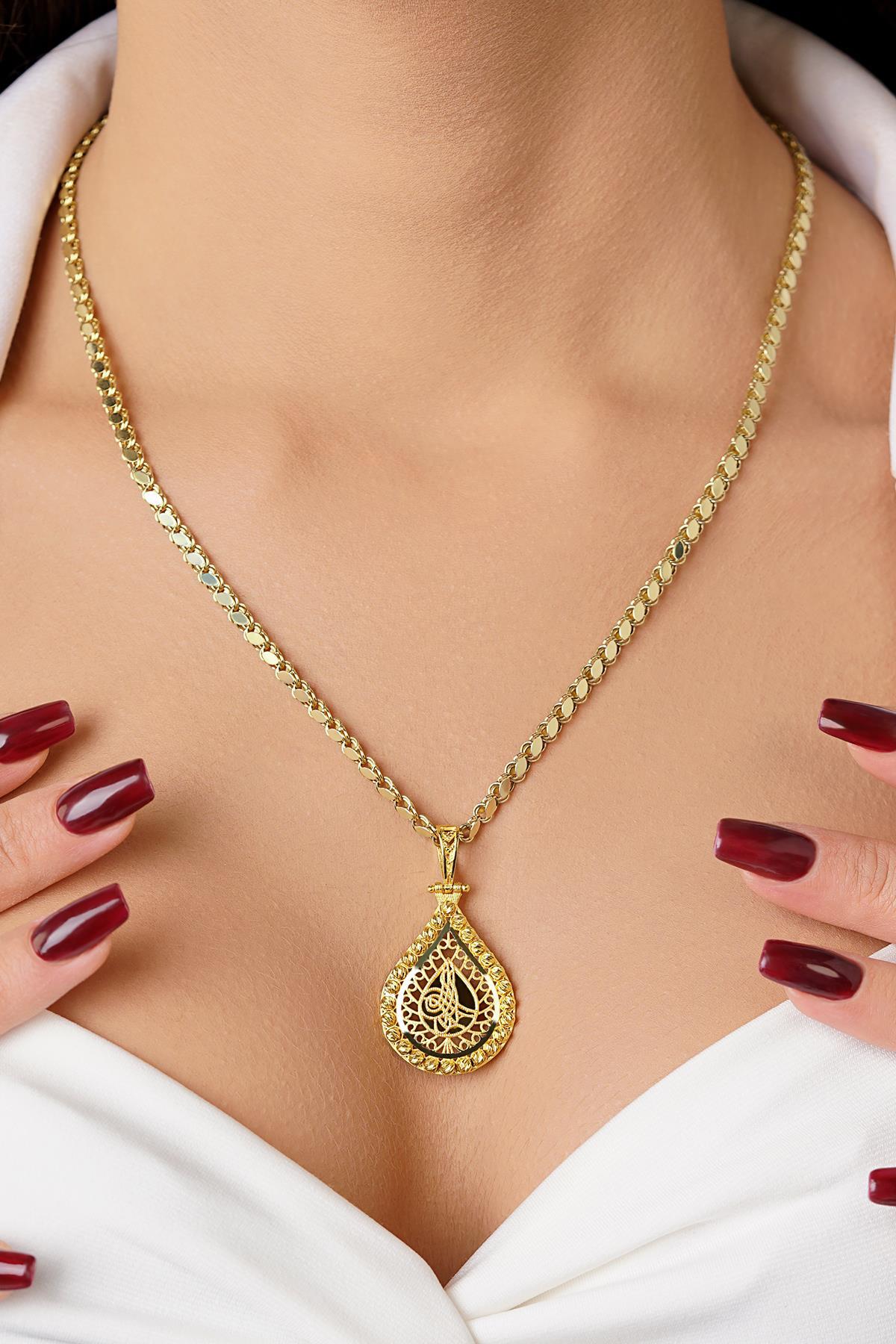 14 Ayar Altın Pullu Zincirli Tuğra Uçlu Kolye - Fiyonk Kuyumculuk (1)