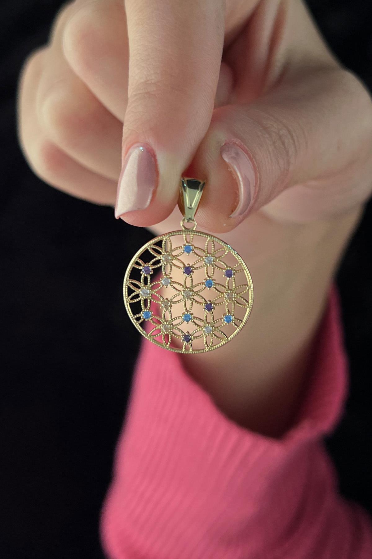 14 Ayar Altın Renkli Taş Detaylı Yaşam Çiçeği Kolye Ucu Küçük - Fiyonk Kuyumculuk (1)