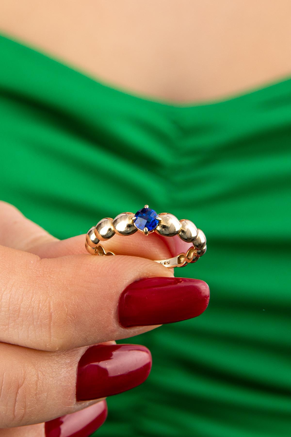 14 Ayar Altın Safir Taşlı Bombeli Yüzük - Fiyonk Kuyumculuk (1)