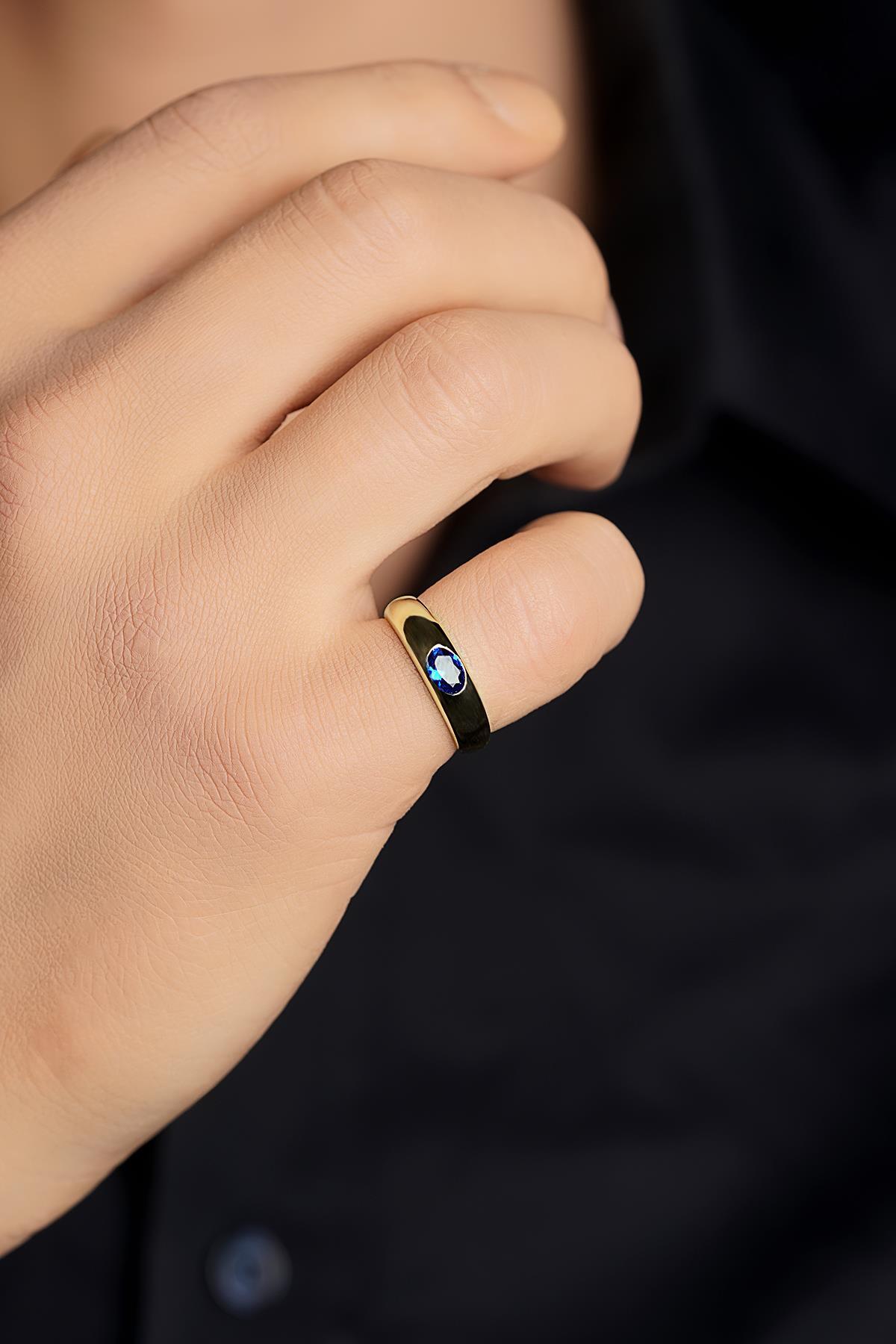 14 Ayar Altın Safir Taşlı Erkek Yüzük - Fiyonk Kuyumculuk (1)