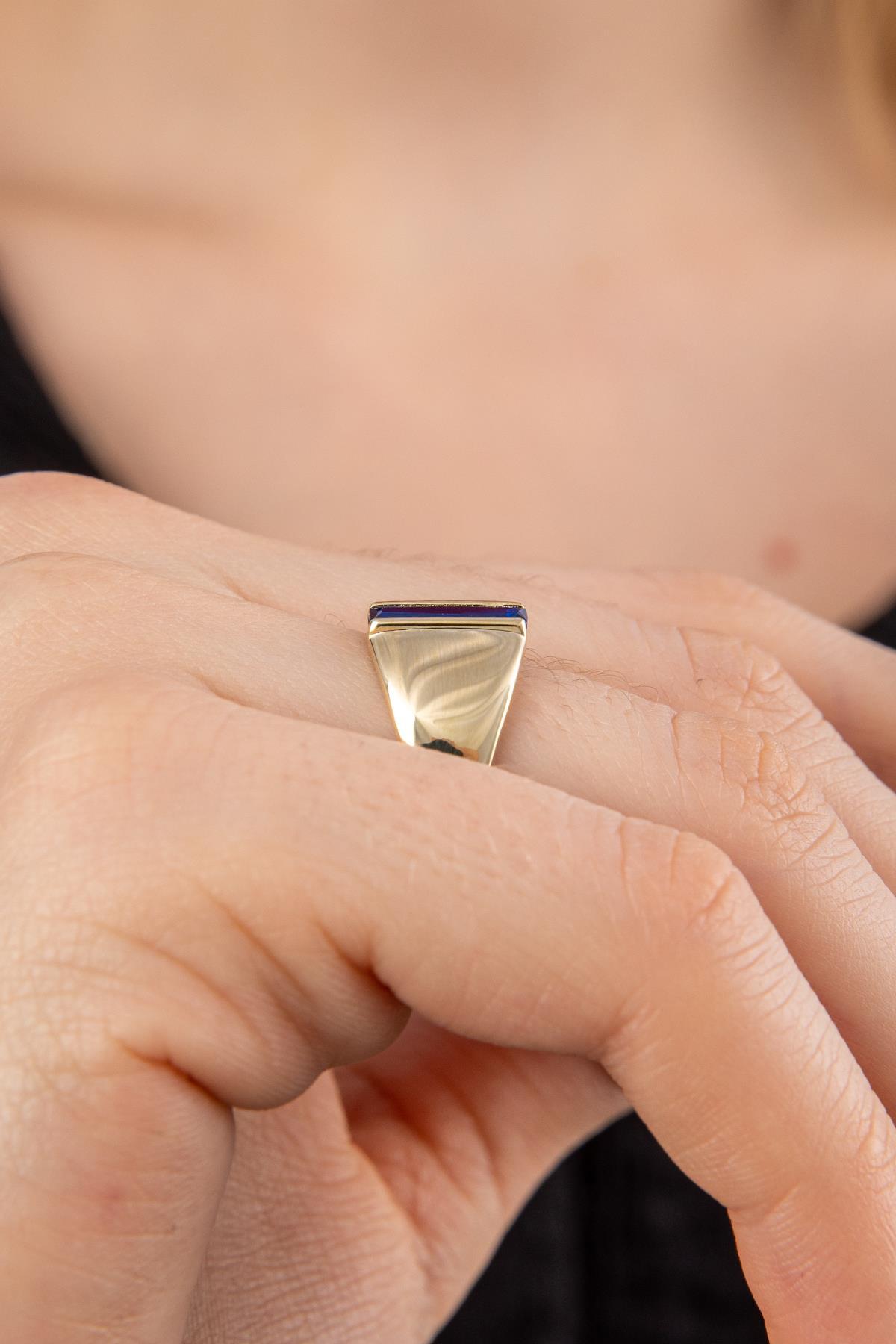 14 Ayar Altın Safir Taşlı Oval Yüzük - Fiyonk Kuyumculuk (1)