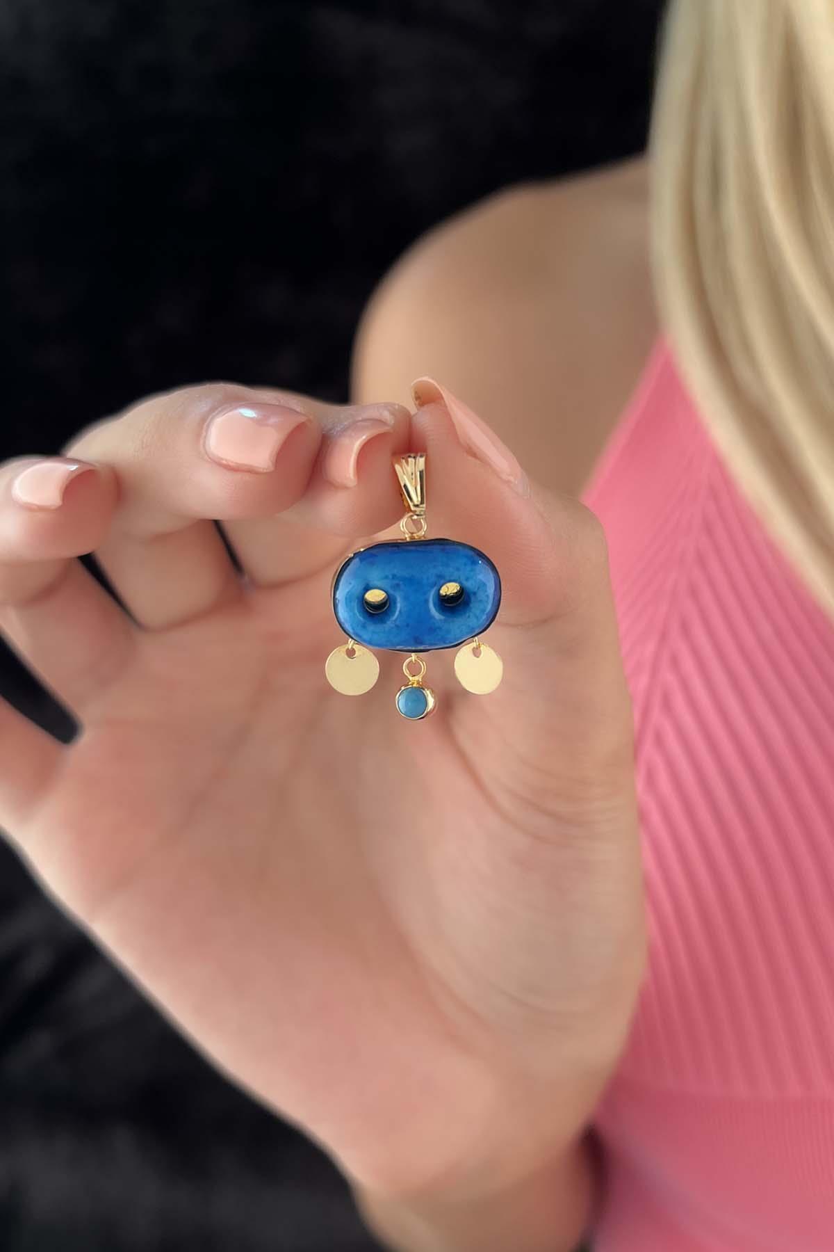 14 Ayar Altın Sallantılı Pul Detaylı Süryani Gözü Kolye Ucu