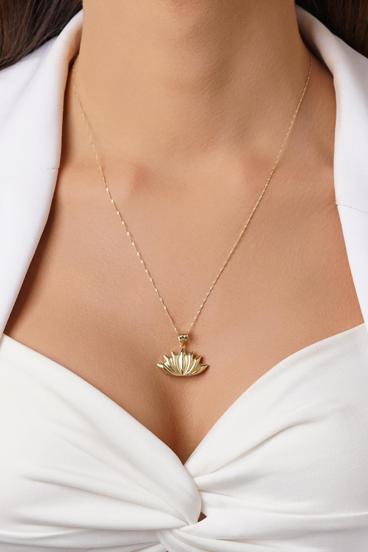 14 Ayar Altın Singapur Zincir Büyük Lotus Çiçeği Kolye - Fiyonk Kuyumculuk