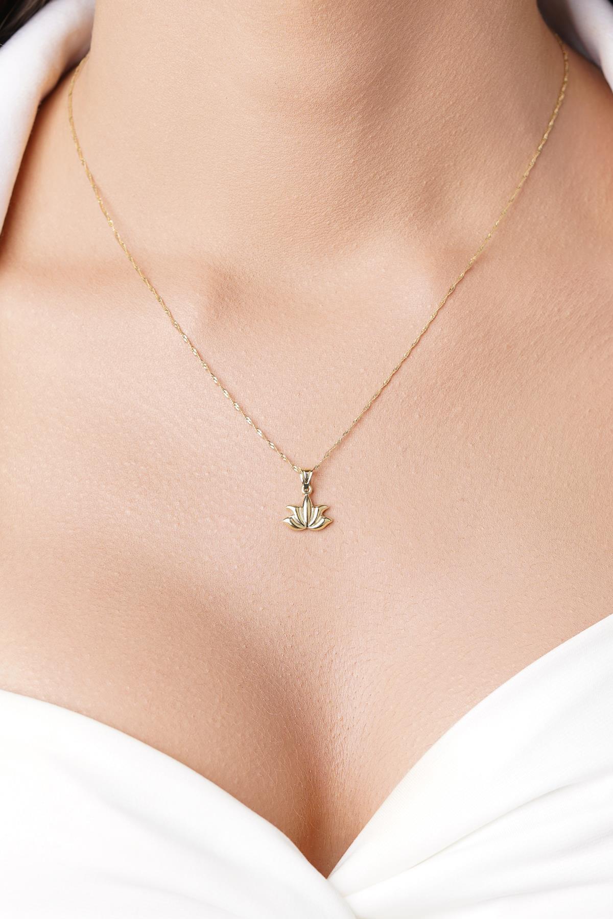 14 Ayar Altın Singapur Zincirli Lotus Kolye - Fiyonk Kuyumculuk (1)