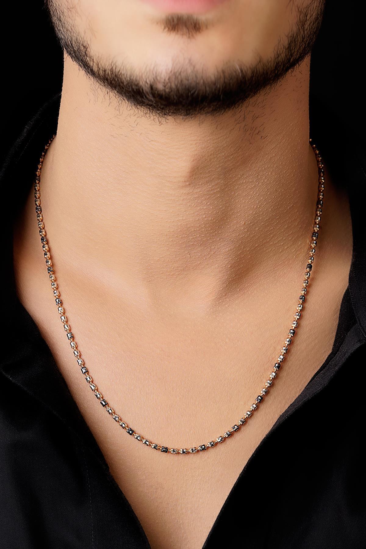 14 Ayar Altın Siyah Mine Detaylı Adelle Kolye Erkek - Fiyonk Kuyumculuk