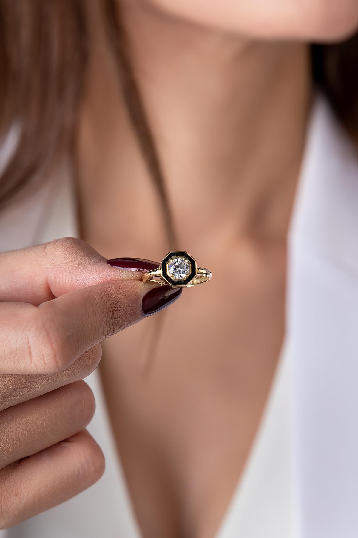 14 Ayar Altın Siyah Mineli Tektaş Yüzük - Fiyonk Kuyumculuk (1)