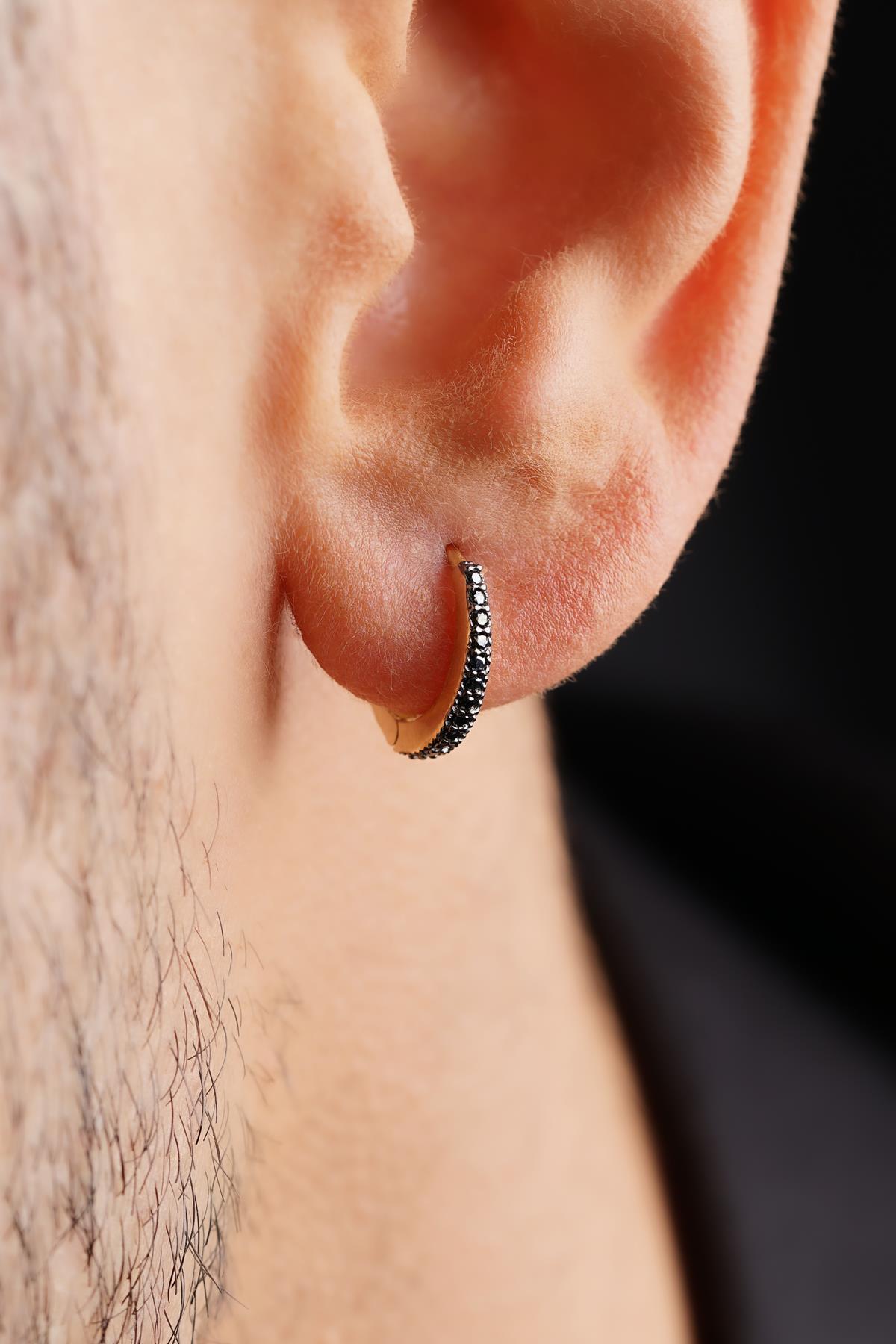 14 Ayar Altın Siyah Taşlı Süzme Erkek Halka Küpe - Fiyonk Kuyumculuk (1)