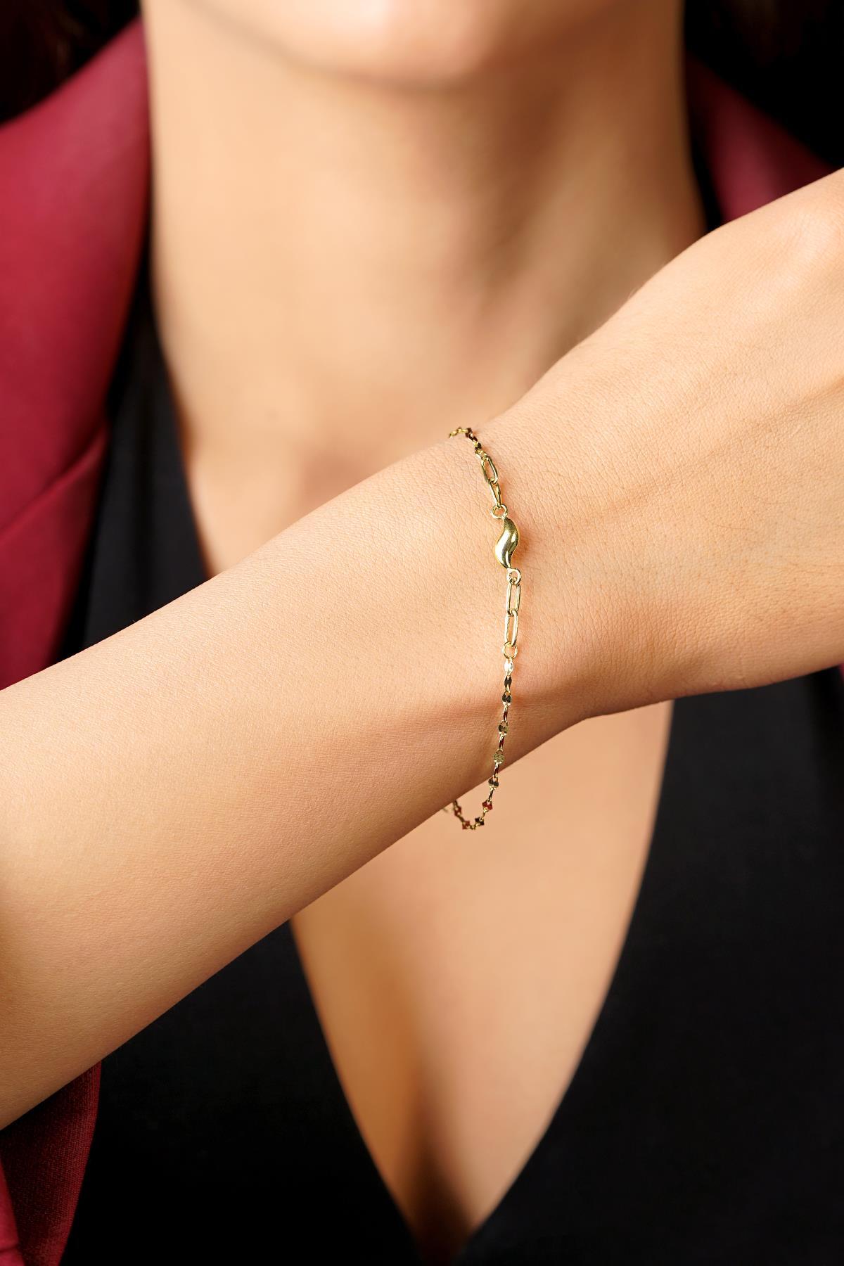 14 Ayar Altın Su Dalgası Aynalı Zincir Bileklik - Fiyonk Kuyumculuk